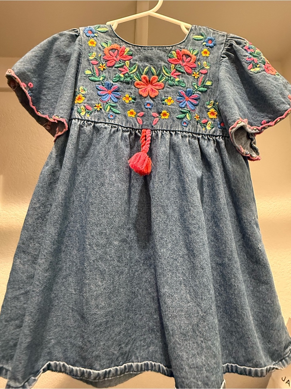 Girls Denim Dress with Multicolor Floral Embroidery - Blue with Pink Tassel